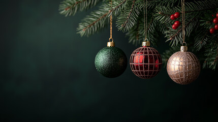 Fototapeta premium Close up of Christmas ornaments hanging on tree branch, festive mood