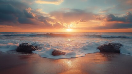 A photograph of a serene beach at sunset, with rocks and waves, a cloudy sky, and warm colors