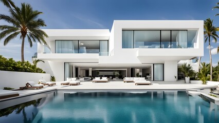 Luxury modern villa with white walls infinity pool and palm trees, AI Generated