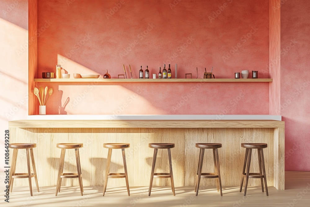 Aufkleber empty bar counter with stools in front of a pink wall.