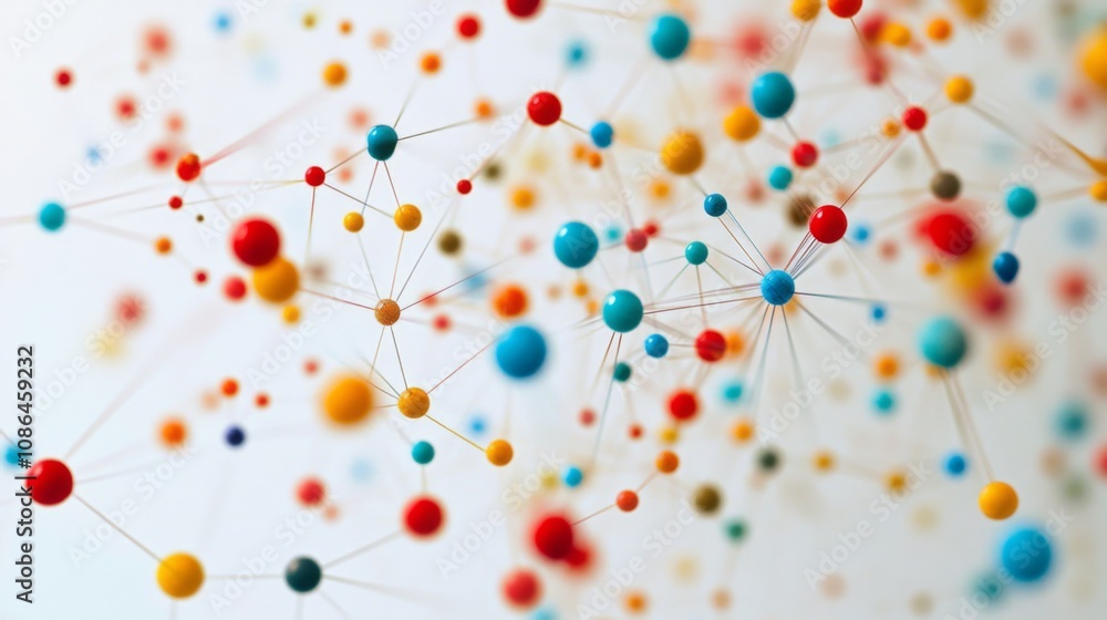 Fototapete Abstract Representation of Colorful Molecules Interconnected by Thin Lines, Illustrating the Concept of Modern Science and Technology in a Dynamic Environment