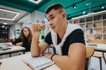A male student attentively listens during a classroom session, showing focus and engagement. He holds a pen while seated at a desk, surrounded by academic materials.