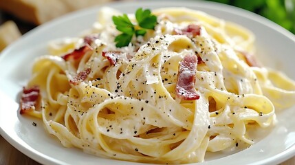 Fettuccine with bacon, cream, and black pepper, a delicious pasta dish on a white plate. Italian cuisine
