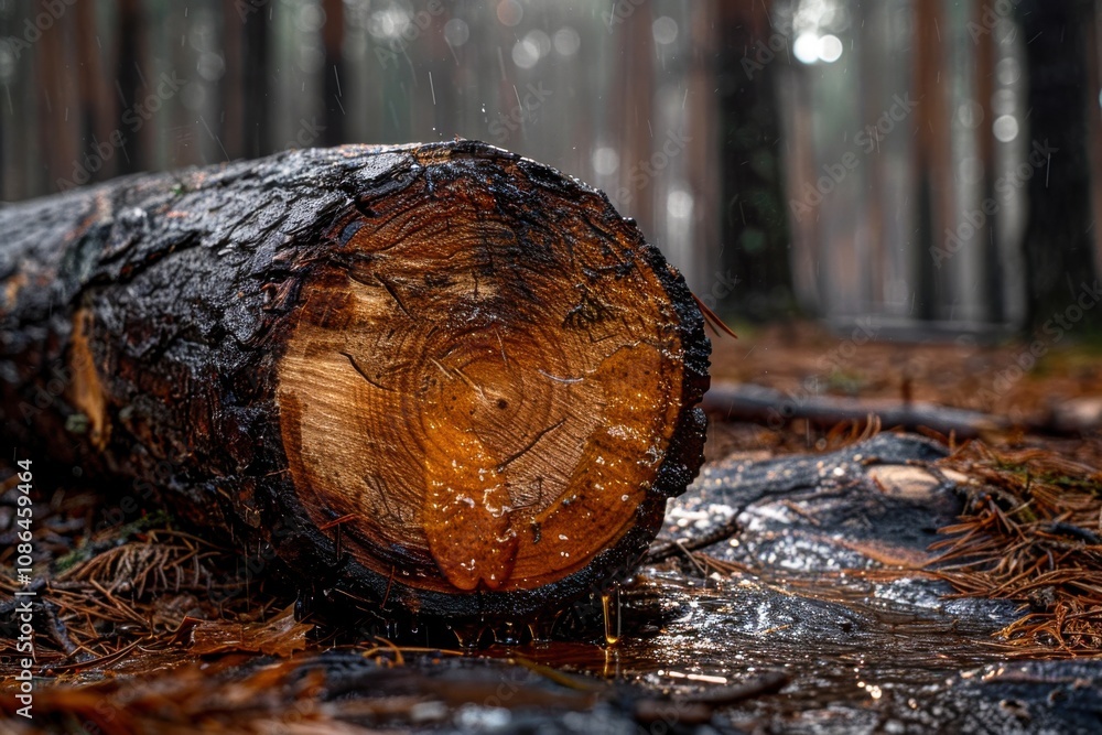 Poster a close-up of a freshly cut log with sap oozing out, set on a forest floor with pine needles and lea