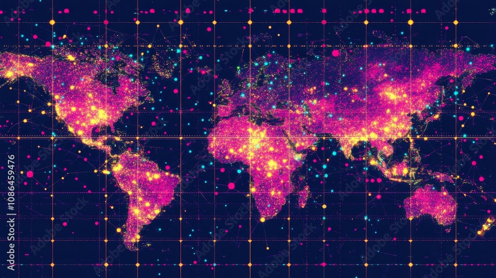 Poster colorful global network visualization with dots and grids illustrating data connectivity across the 