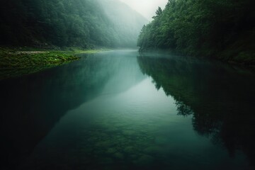 Obraz premium A Serene River Flowing Through a Foggy Forest