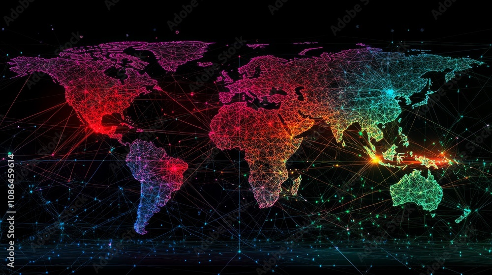 Poster colorful digital world map with network connections and geometric patterns displaying global technol