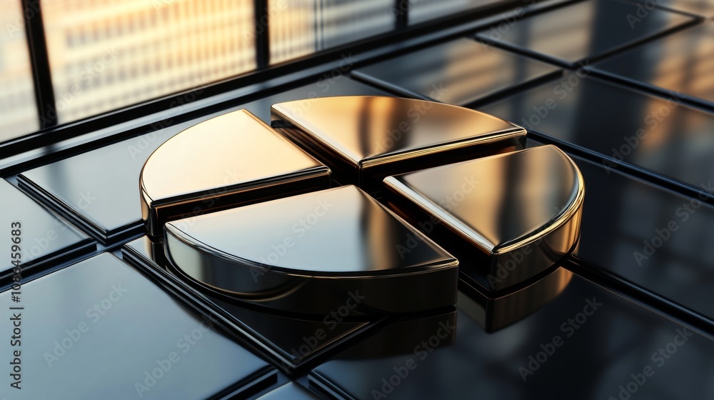 Poster golden pie chart segment displaying business growth concepts on a reflective surface with modern off