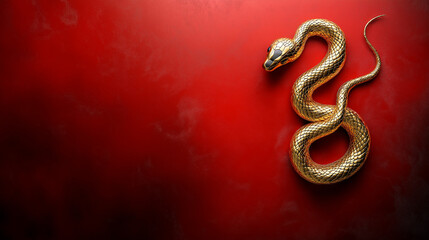 Obraz premium Golden snake illustration on vibrant red background, symbolizing elegance
