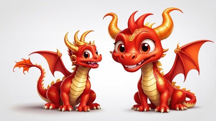 Fototapeta premium Playful red dragon cartoon, featuring large eyes and a cute smile, sitting on a plain white background. 
