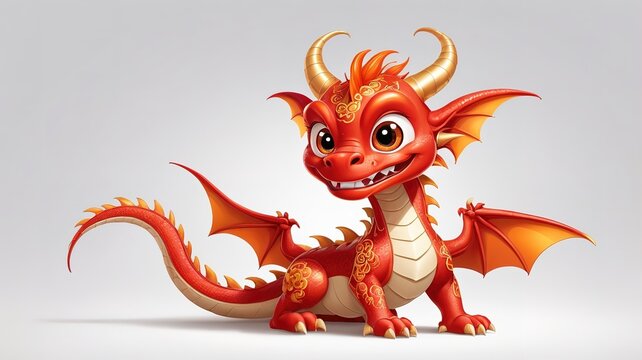 Adorable red dragon illustration, smiling brightly with big eyes, seated on a white backdrop.   - Powered by Adobe