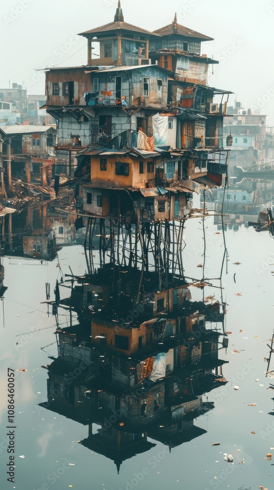 Poster a cluster of makeshift homes built on stilts over a polluted waterway, with reflections creating a m
