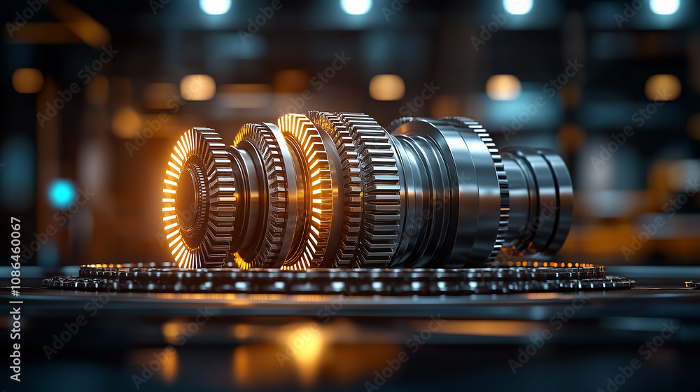 Poster high tech gears with glowing elements in machinery setting