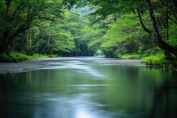Serene River Flowing Through a Lush Green Forest