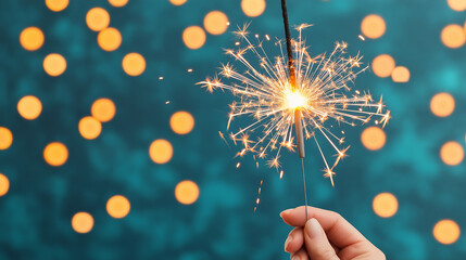 hand holding sparkler with blurred background of lights