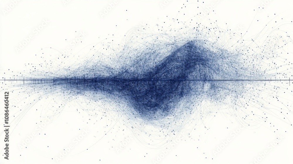 Poster abstract data visualization featuring a dynamic wave of blue lines and dots representing complex tre