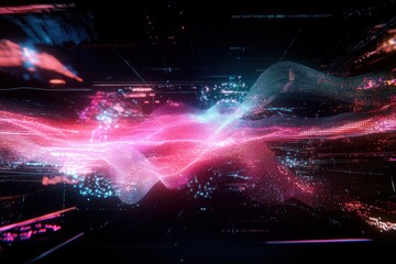 Here's a description and keywords for your image.. Abstract digital wave with vibrant pink and blue particles, flowing through a dark cyberspace.