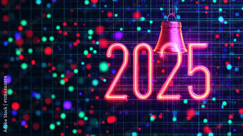Poster neon 2025 sign with colorful bokeh lights on dark grid background, creating festive and futuristic a