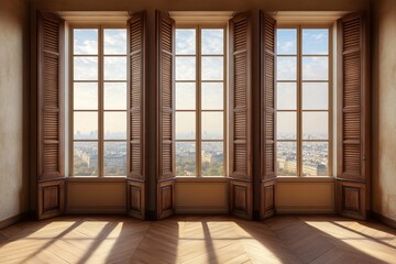 Obraz premium Open wooden shutters in a room with large windows overlooking a cityscape with sunlight streaming in.