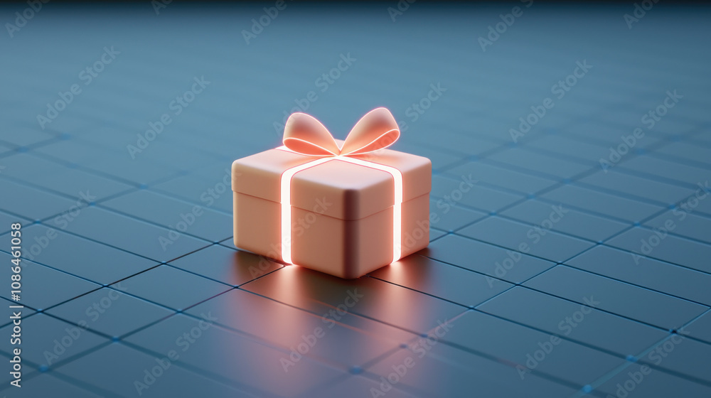 Poster glowing gift box with ribbon sits on grid patterned surface, creating futuristic and inviting atmosp