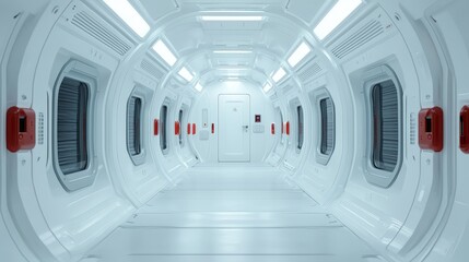 Obraz premium Futuristic White Corridor Spaceship Interior Sci Fi Design 3D Render