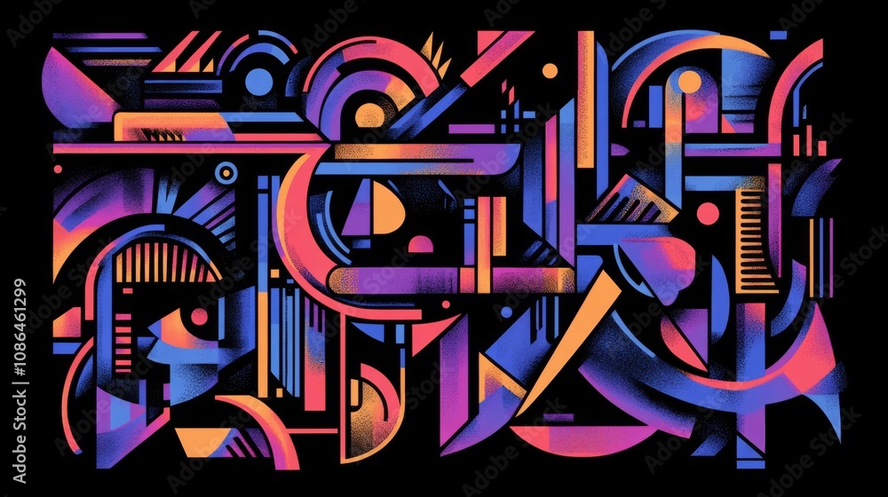 Aufkleber Vibrant Abstract Geometric Composition Featuring Bold Shapes and Vivid Colors in Artistic Arrangement Set Against a Deep Black Background
