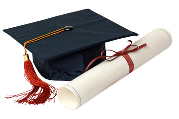 A classic graduation cap with a bold red tassel resting beside a rolled diploma tied neatly with a deep red ribbon, set against a transparent background