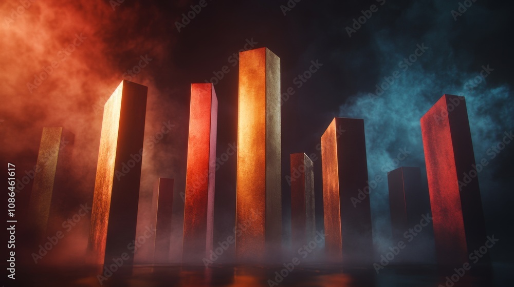 Poster abstract representation of colorful monoliths emerging from misty fog in an atmospheric landscape, h