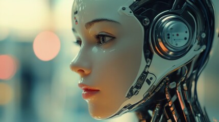 Close-up of a female android robot with a metallic head and blue eyes shown in profile. Ai generated image