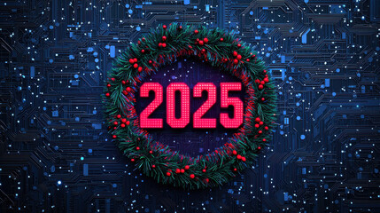 Digital wreath with red berries encircles year 2025 on circuit board background, symbolizing fusion of technology and tradition