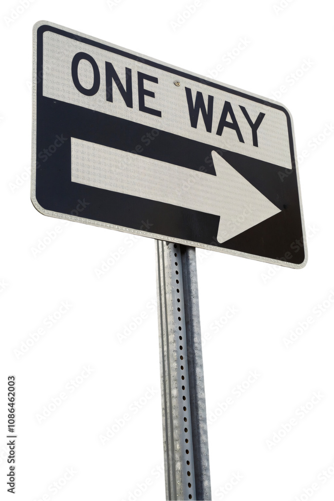 Poster a simple black-and-white one-way traffic sign with a right-pointing arrow on a metallic pole, emphas