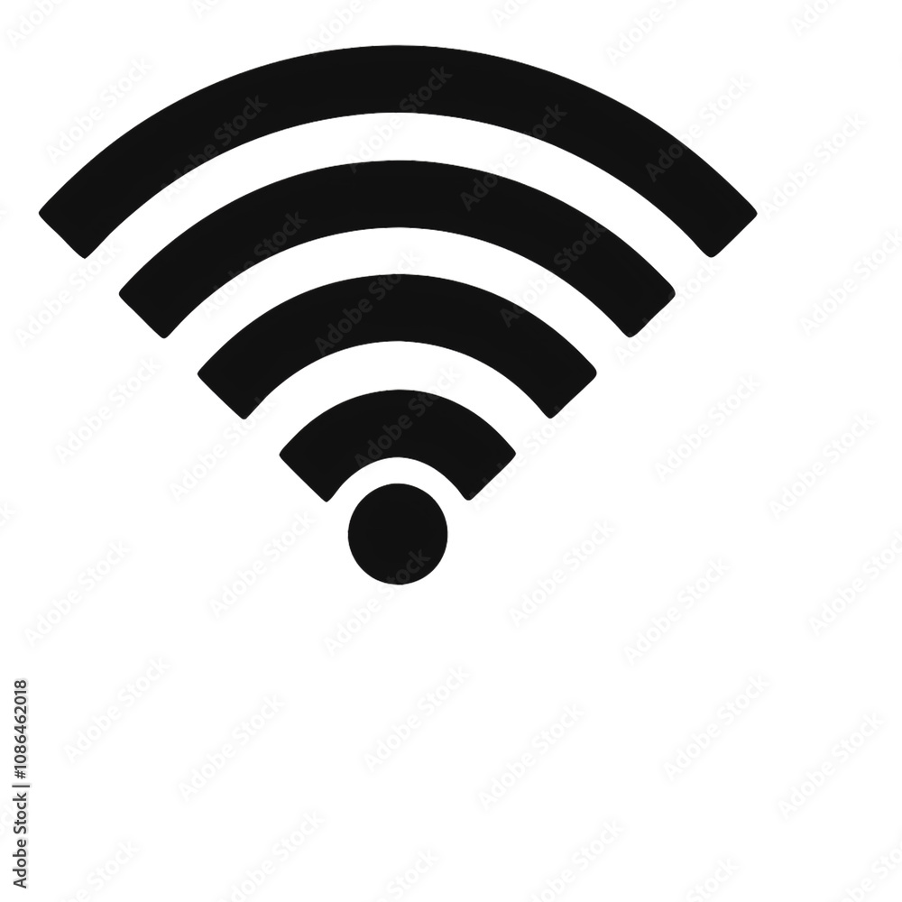 Poster a simple, black wi-fi signal icon with curved, evenly spaced bars symbolizing connectivity and a cen