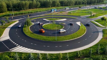 Aerial View of a Modern Roundabout with Cars and Green Landscaping in Daylight, Showcasing Urban Traffic Management and Road Design