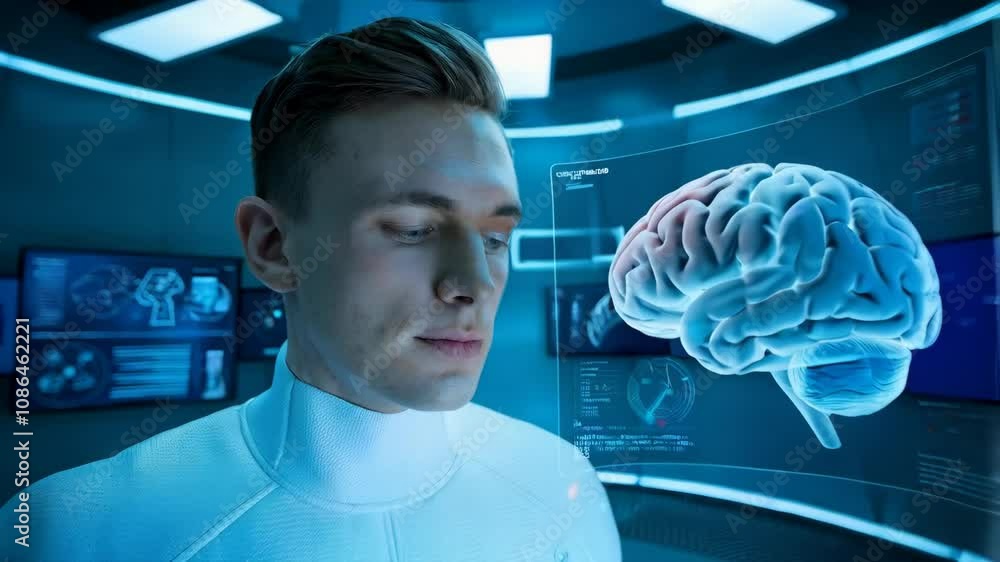 Aufkleber a futuristic scene featuring a man observing a holographic brain display in a tech environment.