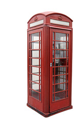 A slightly angled view of a traditional red British phone booth, highlighting its detailed crown and weathered appearance, set against a transparent background