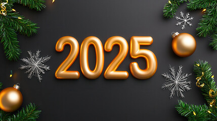 Golden 2025 numbers surrounded by festive decorations, including green pine branches, gold baubles, and silver snowflakes on dark background