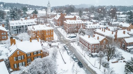 Obraz premium Historic district under snowfall, with classic buildings and a peaceful white blanket covering streets and rooftops