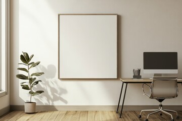 Fototapeta premium Minimalist home office workspace with a large blank canvas, a potted plant, a desk with a computer, and a chair.