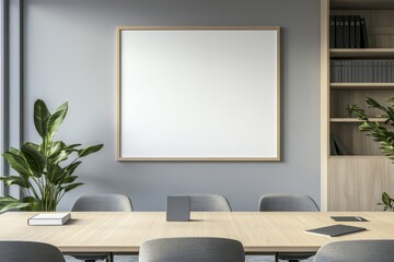 A minimalist conference room interior with a large blank frame on the wall, a wooden table and chairs, and a bookshelf.