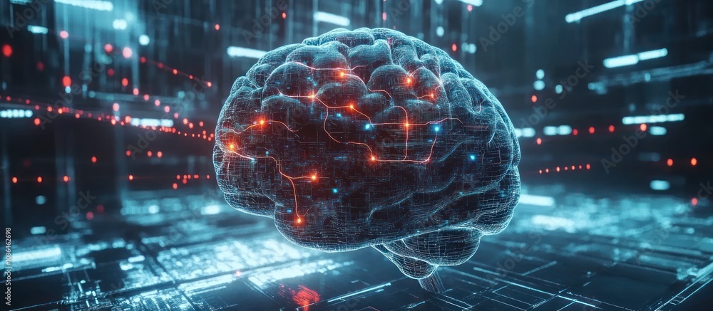 Poster 3d rendering of a human brain with glowing neural connections against a futuristic digital backgroun