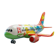 Colourful air plane with vibrant patterns for travel and kids isolated on transparent or white background.