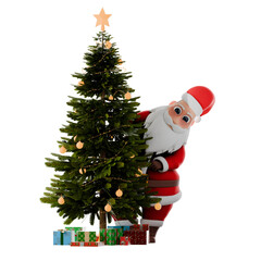 Santa Claus Holiday 3D Character.  A Santa Claus man stands behind a Christmas tree with a peeking expression. Cartoon Style Illustration