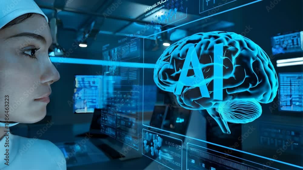 Poster a futuristic scene featuring a man in a high-tech environment with a brain hologram.