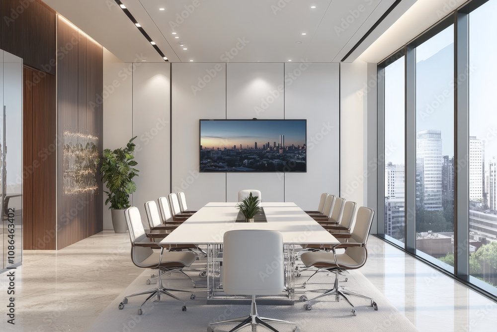 Poster modern boardroom with a large table and white chairs, a tv screen displaying a city skyline, and a p