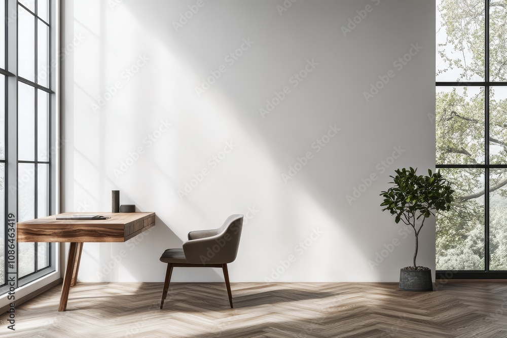 Wall mural Modern home office with a wooden desk, chair, and potted plant in front of a large window with natural light.