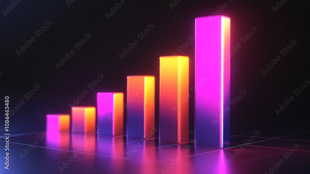 Poster colorful neon bar graph representing business growth and success in a modern digital environment wit
