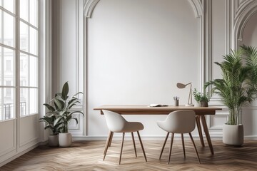 Minimalist home office with wooden desk, white chairs, potted plants, and a large window.