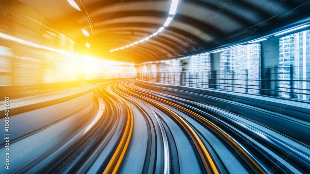 Aufkleber Dynamic Motion of a Train in a Modern Urban Setting Captured During Golden Hour, Displaying Blurred Tracks and Bright Sunlight