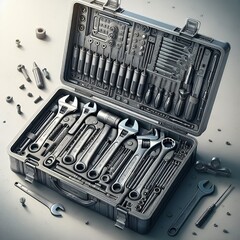 A highly detailed vector illustration of an open mechanical toolbox with organized compartments
