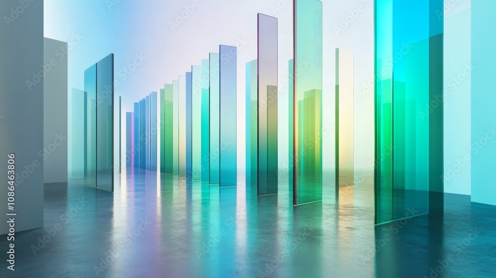 Poster abstract glass panels in vibrant colors creating a stunning visual effect in a contemporary art spac